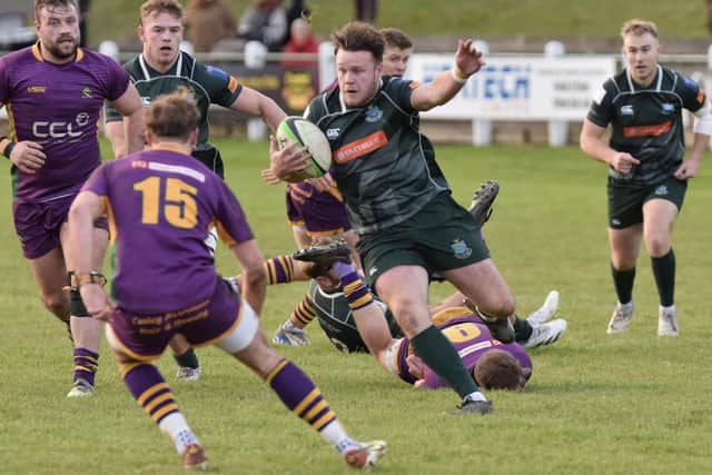 Centre Andrew Mitchell on the attack for Hawick during their 21-15 win at home at Mansfield Park to Marr in rugby's Scottish Premiership on Saturday (Photo: Malcolm Grant)