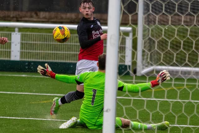 Che Reilly scoring for Gala Fairydean Rovers during their 4-3 loss at home to Celtic B at Netherdale Stadium on Saturday (Photo: Thomas Brown)