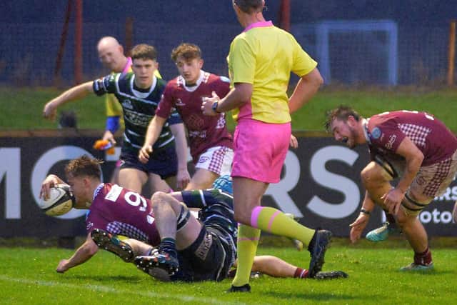 Jack Niven scoring a try for Gala during their 56-12 win at home at Netherdale on Saturday to Glasgow High Kelvinside (Photo: Alwyn Johnston)
