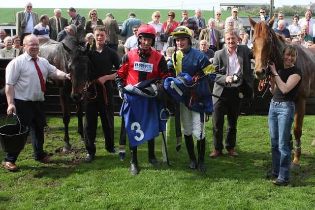 Hawick jockey Ewan Whillans with dad Alistair and Pay On, right, after beating Beau Largest, ridden by Garry Whillans and trained by Donald Whillans, at Kelso in 2008 (Photo: by John Grossick)