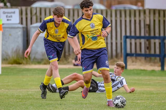 Nazir Sayed on the ball for Vale of Leithen under-20s during their first game ever, a 6-1 friendly defeat at home to Dunbar United under-20s last Friday at Victoria Park in Innerleithen (Photo: Hilary Isaac)
