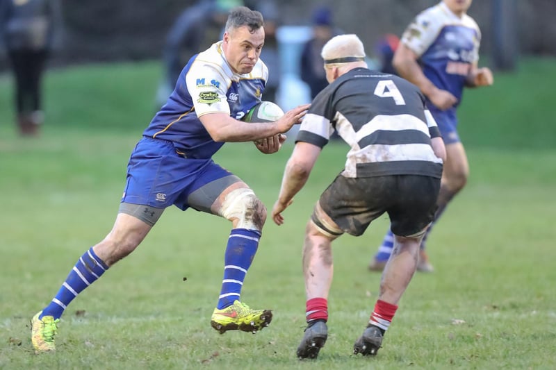 Robert Hogg going up against Euan Thompson during Kelso's 48-12 win at Jed-Forest's Riverside Park on Saturday in rugby's Scottish Premiership (Photo: Brian Sutherland)