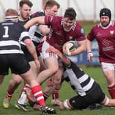 Tim McKavanagh on the ball for Gala during their 28-17 Border League loss at home to Kelso at Netherdale on Saturday (Photo: Brian Sutherland)