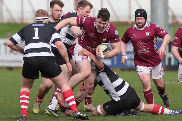Tim McKavanagh on the ball for Gala during their 28-17 Border League loss at home to Kelso at Netherdale on Saturday (Photo: Brian Sutherland)