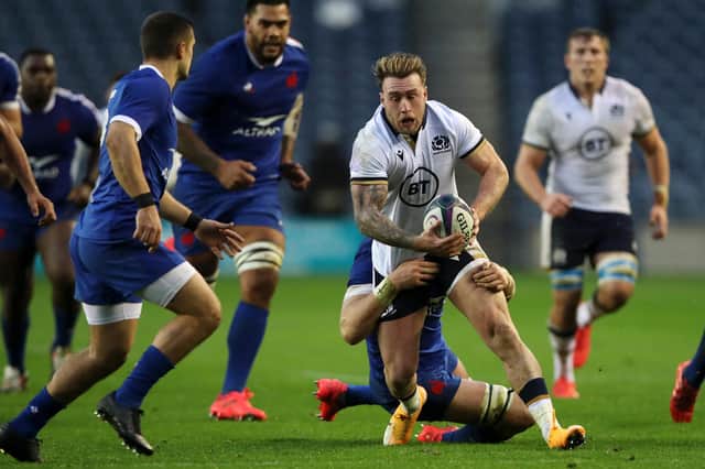 Scotland captain Stuart Hogg being tackled by Bernard Le Roux during his side's last game against France, a 22-15 Autumn Nations Cup defeat in Edinburgh, their first home loss to French since 2014.(Photo by Ian MacNicol/Getty Images)