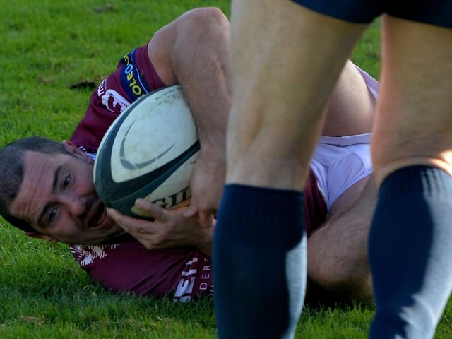 Callum McNeill scoring a try for Gala as they beat Selkirk 41-12 at home at Netherdale on Saturday (Photo: Alwyn Johnston)