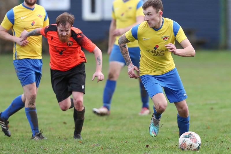 Ross Mackay on the ball for Ancrum during their 5-2 win at home to Hawick United in the first round of this year's Beveridge Cup (Photo: Brian Sutherland)