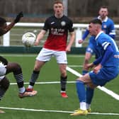 Gospel Ocholi, left, in action for Gala Fairydean Rovers during their 1-1 draw at home to Cowdenbeath on Saturday (Photo: Steve Cox)