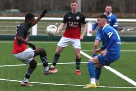 Gospel Ocholi, left, in action for Gala Fairydean Rovers during their 1-1 draw at home to Cowdenbeath on Saturday (Photo: Steve Cox)