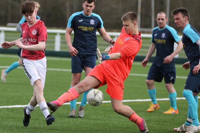 Sam Ostle taking a shot during Gala Fairydean Rovers Amateurs' 4-0 home win against Selkirk Victoria at Netherdale on Saturday in the Border Amateur Football Association's B division (Photo: Brian Sutherland)