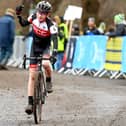 Borderer Guy Rorke celebrating his under-14 cyclo-cross open victory in Falkirk (Pic: Olly Hassell/SWpix.com)