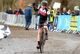 Borderer Guy Rorke celebrating his under-14 cyclo-cross open victory in Falkirk (Pic: Olly Hassell/SWpix.com)