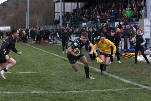 Ronan McKean on his way to scoring Hawick's winning try at the end of this year's Tennent's Premiership play-off final versus Currie Chieftains in March (Pic: Steve Cox)