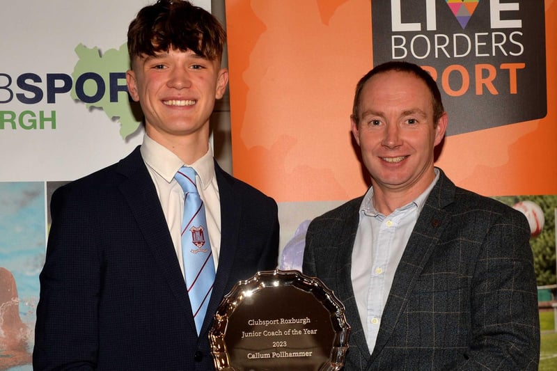 Kelso Cricket Club's Callum Pollhammer was named junior coach of the year at ClubSport Roxburgh's 2023 award night in Kelso on Friday and given his prize by Graeme Murdoch, head of active communities at Live Borders