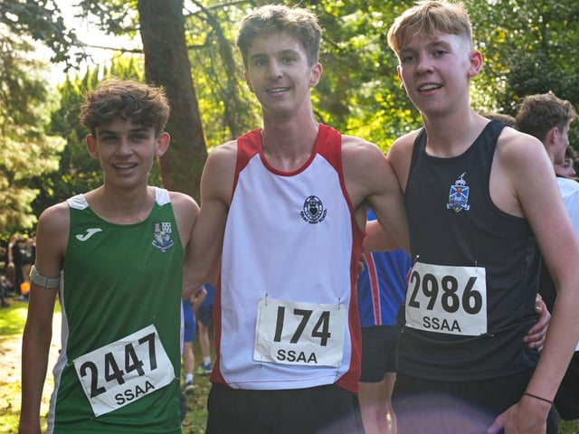 From left, Seb Darlow, Oliver Hastie and Alfie Walker at 2026’s Scottish Schools Athletics Association road-race championships, held in Fife this month (Photo: Neil Renton)