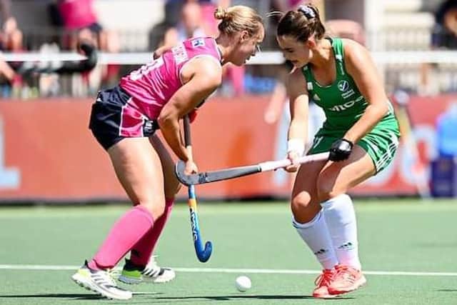 Let's stick together ... Sarah Robertson, left,  in European action recently for Scotland against Ireland (picture by Eurohockey)