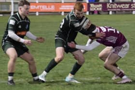 Justin Tait on the ball for Hawick Force during their 66-17 win at home at Mansfield Park last Friday to Gala A (Photo: Malcolm Grant)