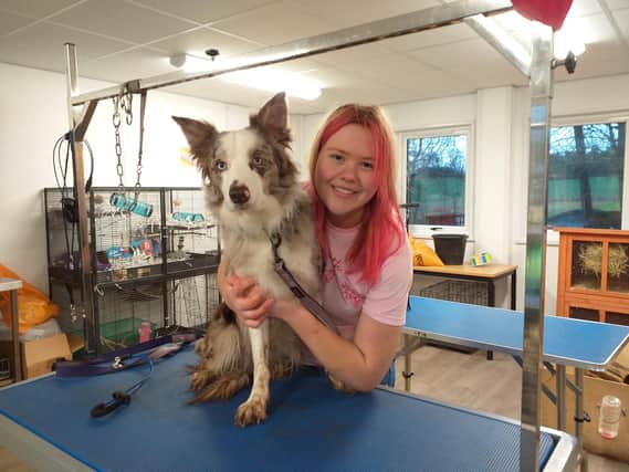 Borders College student Eve McLaren with her dog Bear.