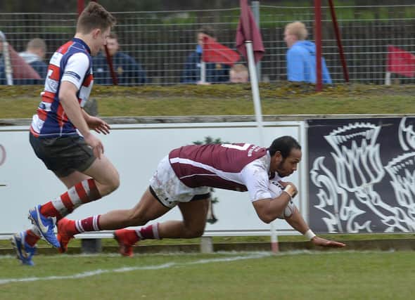 A glance back to the Gala Sevens in 2018, with Carlyle Jodrdan touching down for the hosts in a win over Peebles (picture by Alwyn Johnston)
