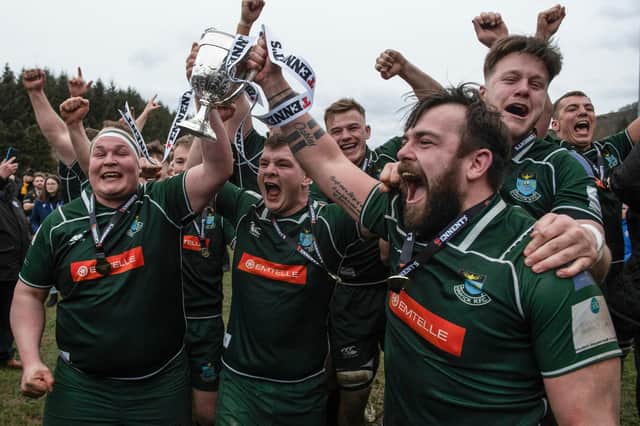 Hawick players celebrating winning 2023's Scottish Premiership play-off final against Currie Chieftains at home at Mansfield Park last March (Photo by Mark Scates/SNS Group/SRU)