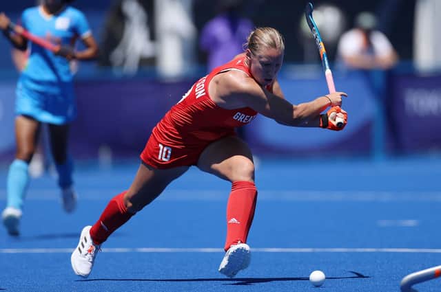 Sarah Robertson in action against India (photo by Clive Mason/Getty Images)