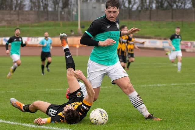 Gala Fairydean Rovers captain Gareth Rodger in action during his side's 2-1 defeat at Berwick Rangers on Saturday (Photo: Alan Bell)
