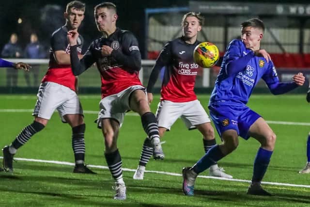 Quinn Mitchell challenging for the ball during Gala Fairydean Rovers' 0-0 draw at home to Albion Rovers on Tuesday (Photo: Phil Dawson)
