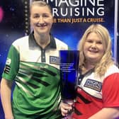 Hawick bowler Julie Forrest at 2024's World Indoor Bowls Championships at Hopton-on-Sea in Norfolk with women's singles title-winner Katherine Rednall (Pic: World Bowls Tour)