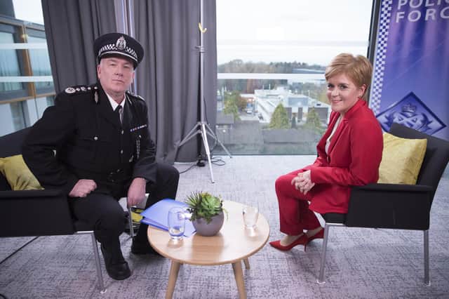 Jack Docherty as Chief Commissioner Cameron Miekelson with First Minister Nicola Sturgeon in the "Chief's Election Interviews". Photo: BBC.