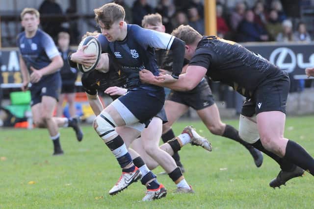 Blake Cullen on the ball during Selkirk's 40-36 loss away to Currie Chieftains on Saturday (Photo: Grant Kinghorn)