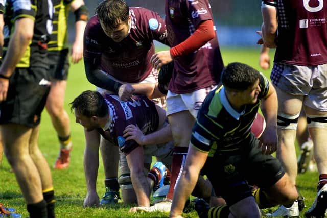 Angus Dun scoring a second-half try for Gala against Melrose on Monday (Pic: Alwyn Johnston)