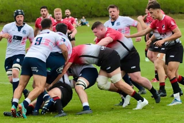 Glasgow Hawks and Selkirk vying for the ball during the former's 45-19 victory at home at Balgray Stadium on Saturday (Photo: Bob Coats/Glasgow Hawks)