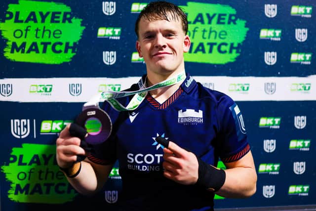 Scrum-half Hector Patterson after being named as man of the match for helping Edinburgh to a 31-10 United Rugby Championship victory at home to South Africa’s Lions at the capital’s Hive Stadium last Friday (Photo: Ewan Bootman/SNS Group/Edinburgh)