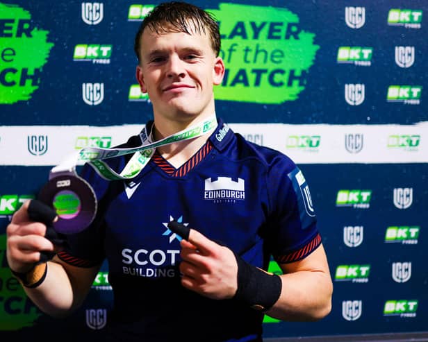 Scrum-half Hector Patterson after being named as man of the match for helping Edinburgh to a 31-10 United Rugby Championship victory at home to South Africa’s Lions at the capital’s Hive Stadium last Friday (Photo: Ewan Bootman/SNS Group/Edinburgh)