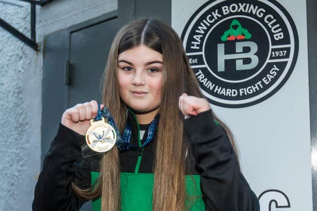 Hawick boxer Rosie Swailes with the gold medal she won at Boxing Scotland's latest national novice championships in North Lanarkshire (Picture by Bill McBurnie)