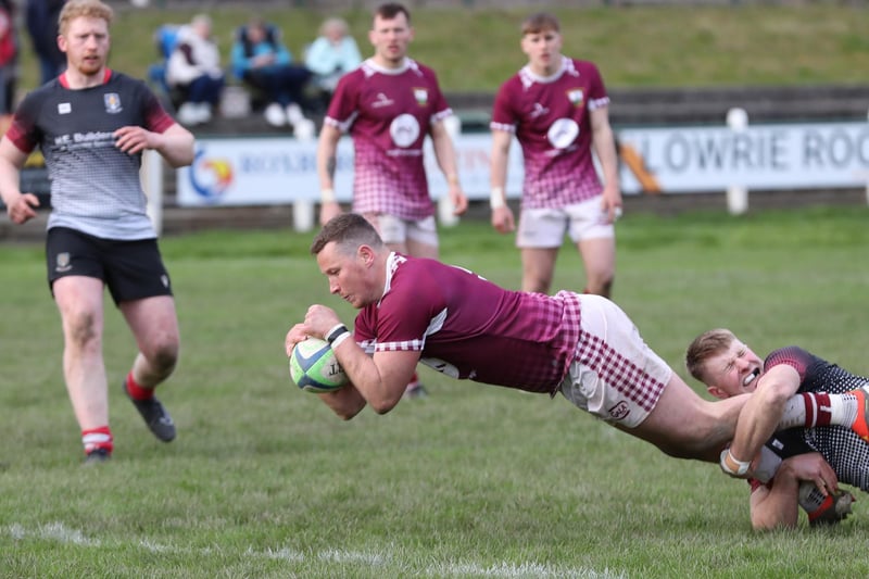 Scott Peffers scoring a try for Gala versus Kelso in the final at Hawick Sevens on Saturday (Photo: Brian Sutherland)