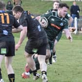 Hawick's Andrew Mitchell, with Ethan Reilly in support, wrongfooting Currie Chieftains' defence during the Greens' 43-7 home win against the capital side on Saturday (Photo: Malcolm Grant)