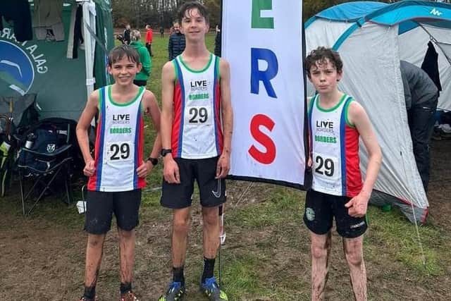 Gala Harriers under-15 boys Seb Darlow, Oliver Hastie and Charlie Dalgliesh at Saturday's east district cross-country league meeting at Dundee (Pic: Gala Harriers)