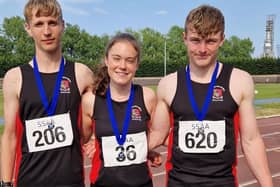 Kieran Fulton, Hannah Begg and Louis Whyte at the weekend's Scottish Schools Athletics Championships in Grangemouth (Pic: Linda Nicholson)