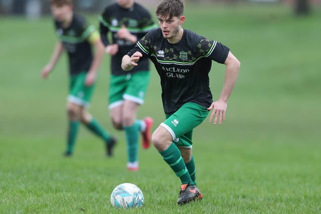 Joe Wylie in possession during Langlee Amateurs 1-0 win away to Hawick Legion in the Border Amateur Football Association's A division on Saturday (Photo: Brian Sutherland)