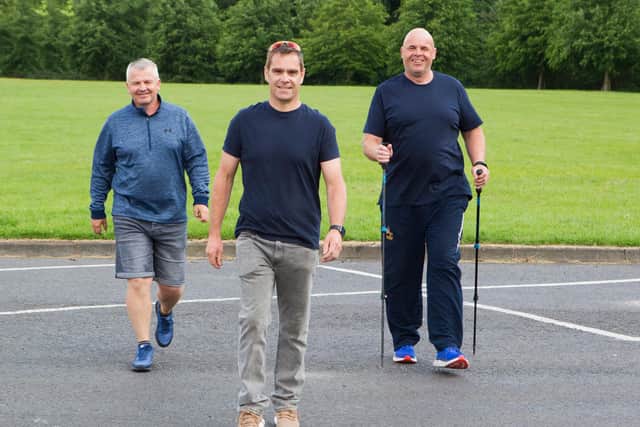 The Old Strollers' 24 hour challenge, Garry Goodfellow, Ali Campbell and Owen Stewart practising for their charity walk from Holy Island to Melrose. (Photo: BILL McBURNIE)