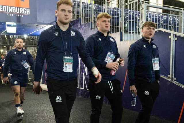 From left, Fraser Wilson, Monroe Job and Marcus Brogan arriving for Scotland's Under-20 Six Nations loss to France at Edinburgh's Hive Stadium last month (Photo by Ewan Bootman/SNS Group/SRU)