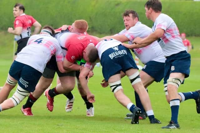 Selkirk halting a Glasgow Hawks attack during their 45-19 loss on the road at Balgray Stadium on Saturday (Photo: Bob Coats/Glasgow Hawks)