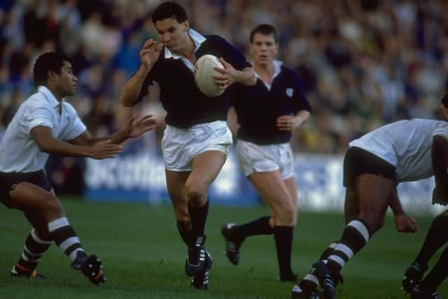 Scotland's Sean Lineen taking on Fiji's Waisale Serevi during a 38-17 victory for the hosts at Edinburgh's Murrayfield Stadium in October 1989 (Photo: Russell  Cheyne/Allsport)