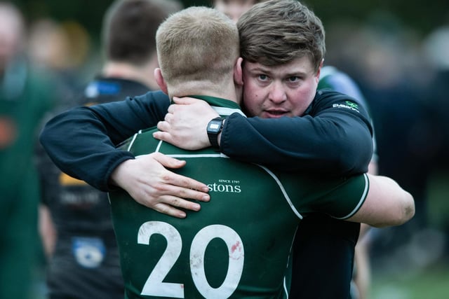 Hawick head coach Matty Douglaswith player Gareth Welsh after Saturday's Tennent's Premiership final versus Currie Chieftains at Mansfield Park