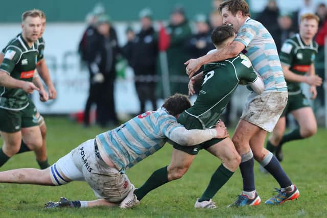 Hector Patterson being halted by a high tackle during Hawick's 26-16 win at home at Mansfield Park to Edinburgh Academical on Saturday in rugby's Scottish Premiership (Photo: Brian Sutherland)