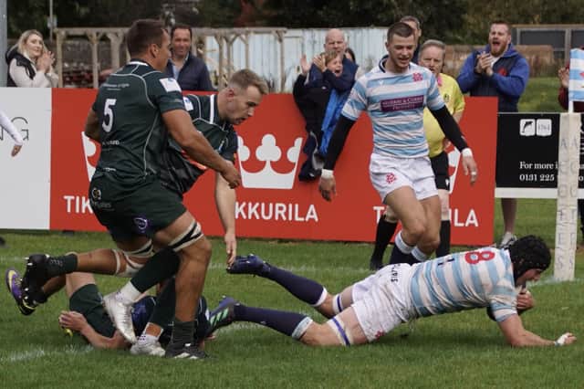 Edinburgh Academical scoring one of their two tries as they lost 20-15 to Hawick on Saturday (Photo: John Wright)