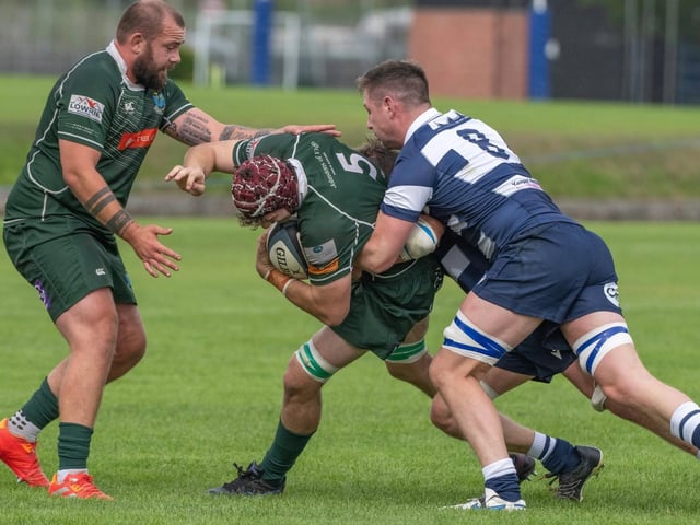 Jack Henry on the ball for Hawick, with Shawn Muir in support, during their 80-13 loss away to Heriot’s in Edinburgh on Saturday (Photo: Jonathan Cruickshank)