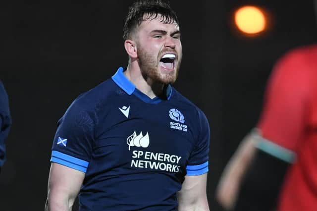 Melrose's Rudi Brown celebrating Scotland's under-20 rugby side's 18-17 win against Wales at Glasgow's Scotstoun Stadium on Friday (Pic: Ross MacDonald/SNS Group/SRU)