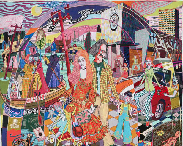 One of the artworks in Grayson Perry’s Essex House Tapestries, coming to Galashiels next week.